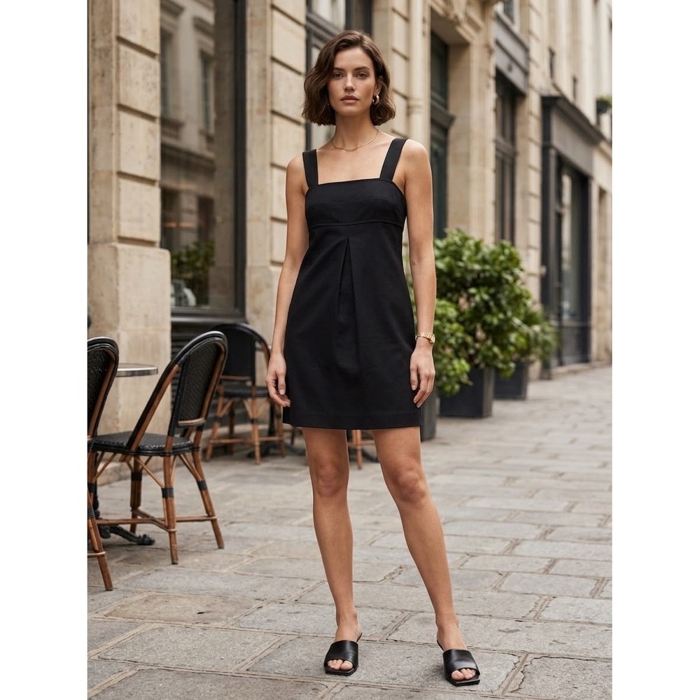 Vince Black Square Neck Pleated Mini Dress Size 6 Empire Waist Shift